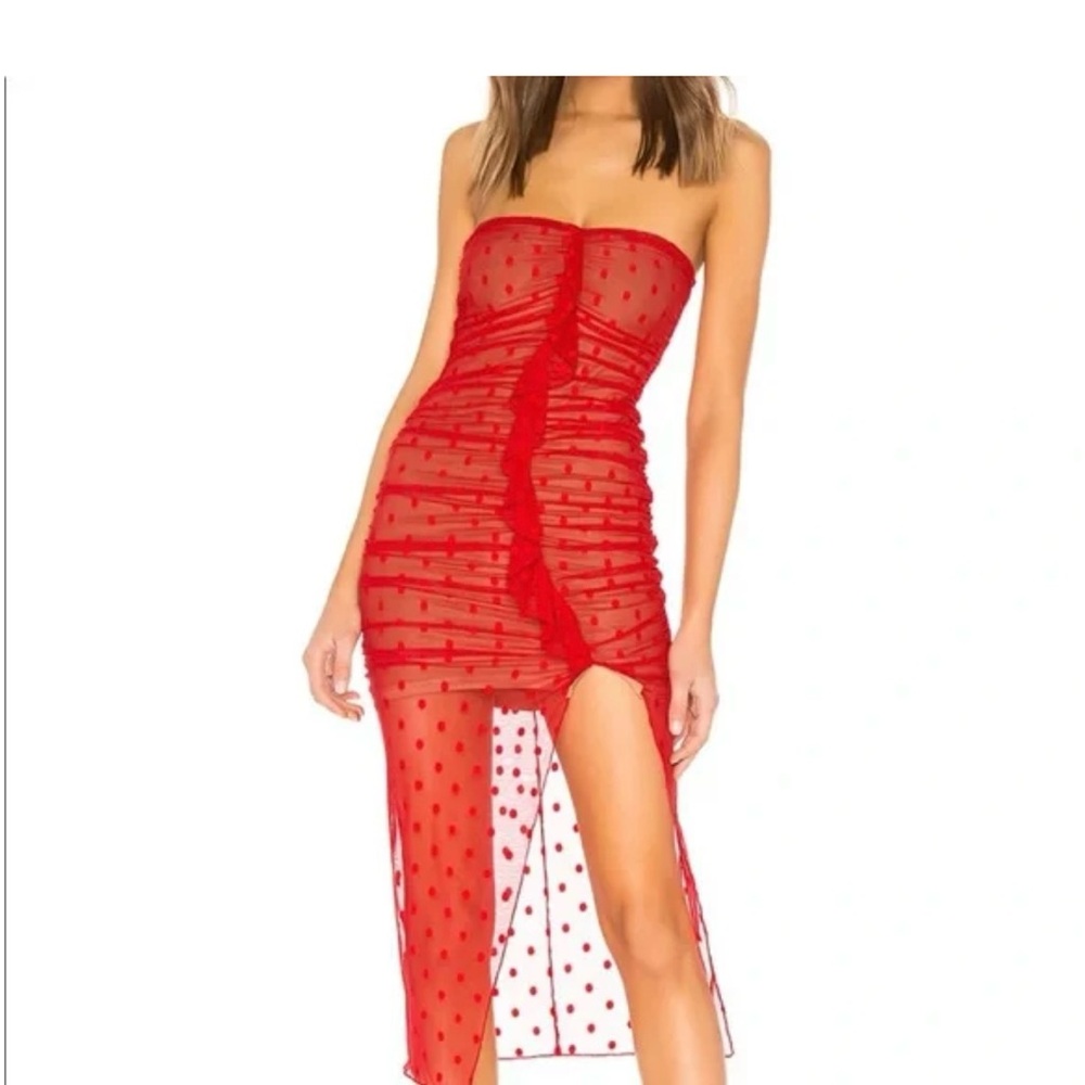 MAJORELLE Red Sheer Polka Dot Midi Dress